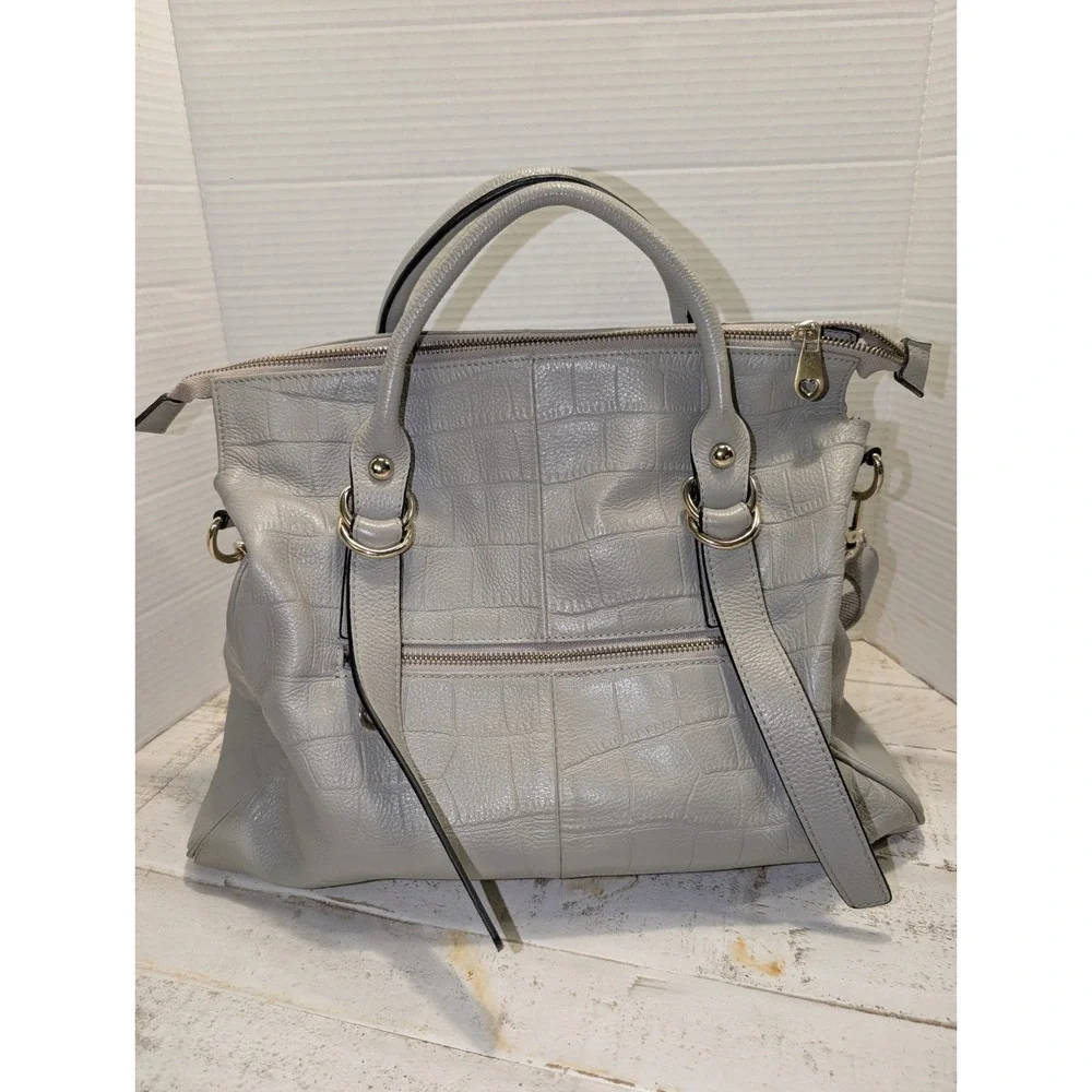 Kattee Crocodile Embossed Cowhide Leather Soft Gray Tote w/Gold Tone Hardware